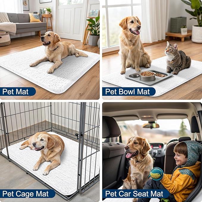 Smiry Dog Door Mat for Muddy Paws 36x24, Absorbs Moisture and Dirt Doormat, Non-Slip Washable Quick Dry Chenille Front Door Mat Indoor Entrance, Entryway Carpet for Inside Floor, White