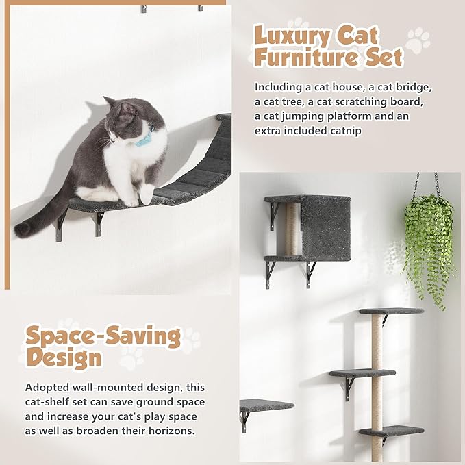 COZIWOW Wall Mounted Cat Furniture, Cat Wall Shelves and Perches, Floating Cat Shelves for Wall Set of 5 (Grey)