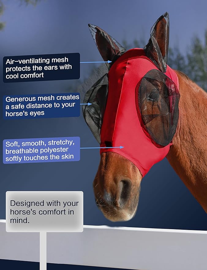 Horse Fly Mask with Ears, UV Protection Mask for Horses, Elasticity Mask with Big Mesh Eye Covers, Snug Fitting Comfortable Breathable Lightweight Rose Red Cob