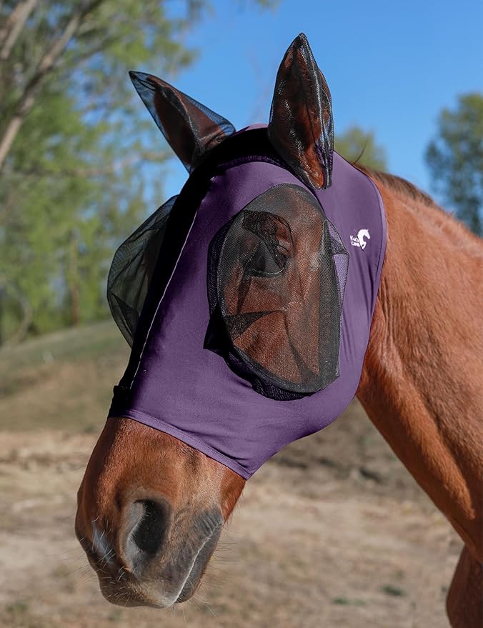 Horse Fly Mask with Ears, UV Protection for Horses, Elasticity with Big Mesh Eye Covers, Snug Fitting Comfortable Breathable Lightweight for Horses Deep Purple Full Size