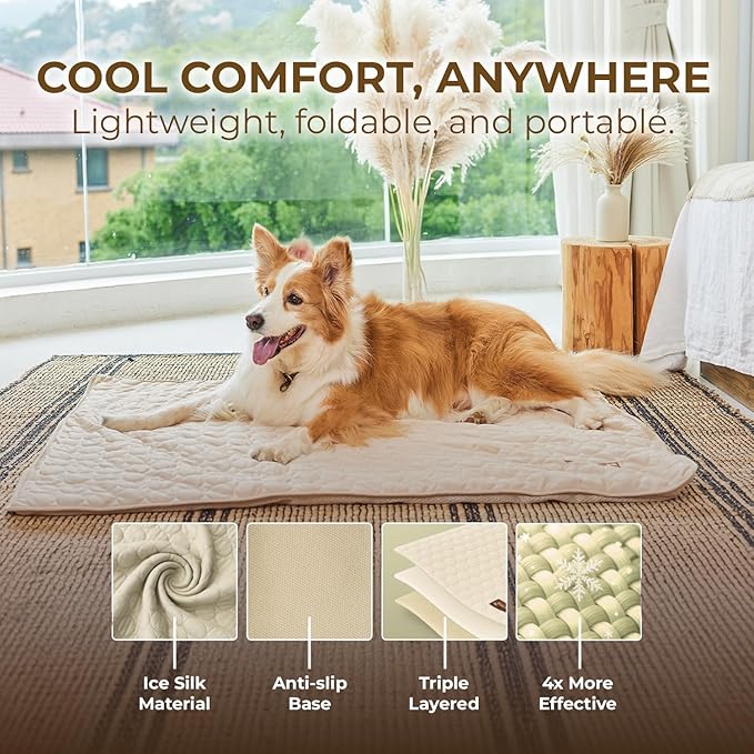 Dog Cooling Mat- Ice Silk Summer Comfort, Self Cooling, Non-Slip Dog Pad, Durable & Washable, Mat for Extra Large Dogs 85x115 cm, Support Shelter Dogs with Every Purchase (Beige)