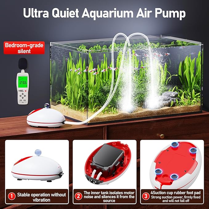 1.5w Ultra Quiet Aquarium Air Pump, Aquarium Aerator Adjustable Airflow, Single Hole Suitable for 40 to 70 GPH Fish Tank