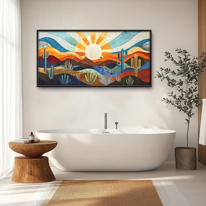 Extra Large Framed Abstract Boho Desert Wall Art, Sun Cactus Landscape Wall Decor Pictures for Living Room,Cacti Canvas Print Painting Modern Artwork Bedroom Office Bathroom Home Decor 60L x 30W