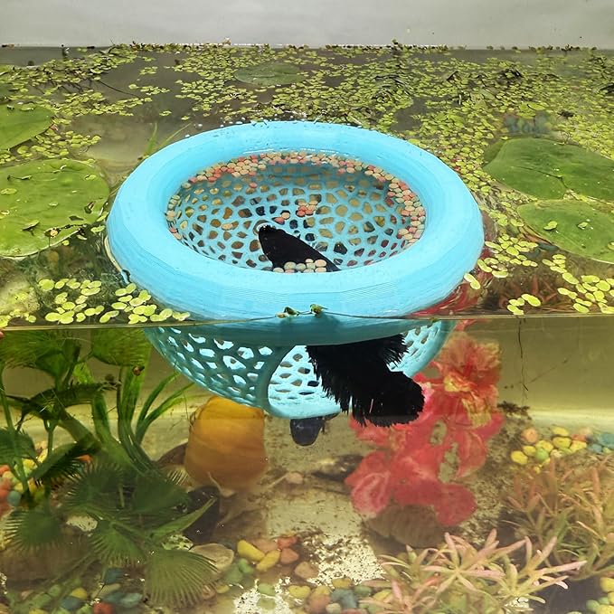 Aquarium Floating Betta Fish Skins, Betta or Shrimp Feeder, Cave and Hammock, Small Fish Feeding Rings, Aquarium Hiding Feeding Decorative Accessories (Cyan)
