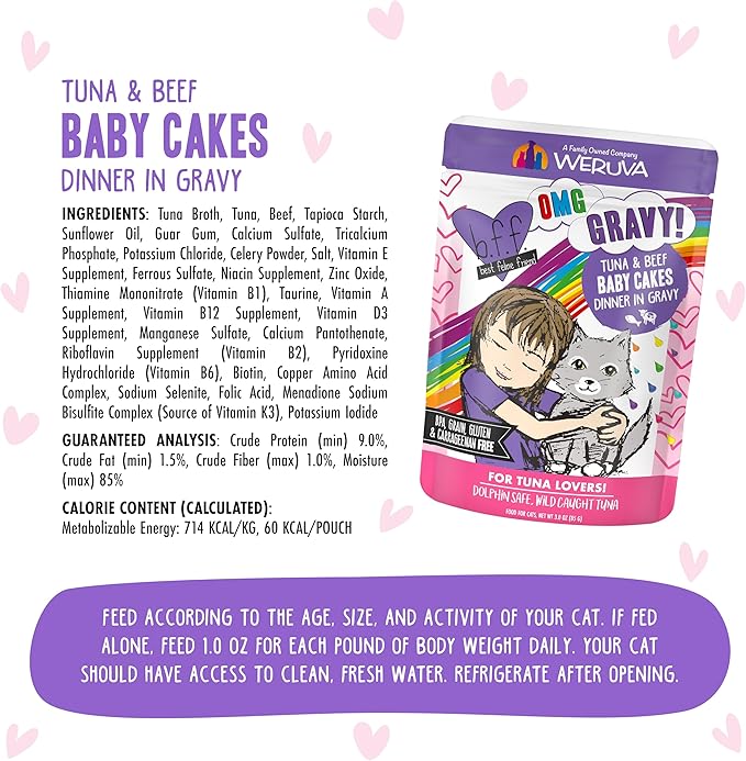Weruva B.F.OMG - Best Feline Friend Oh My Gravy!, Tuna & Beef Baby Cakes with Tuna & Beef in Gravy Cat Food, 3oz Pouch (Pack of 12), Purple (0152)