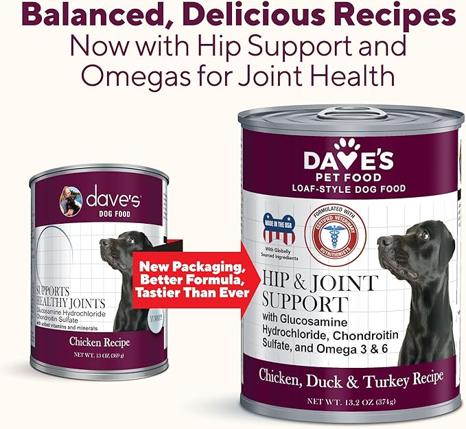 Dave's Pet Food Glucosamine Chondroitin for Dogs, Hip and Joint Support, Gluten-Free, Wet Senior Dog Food, 13.2 oz (Case of 12)