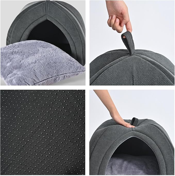 Amazon Basics Cat Cave Bed, 2-in-1 Foldable House for Indoor Cats, with Washable Cushion and Non-Slip Base, 15 x 15 Inches, Small