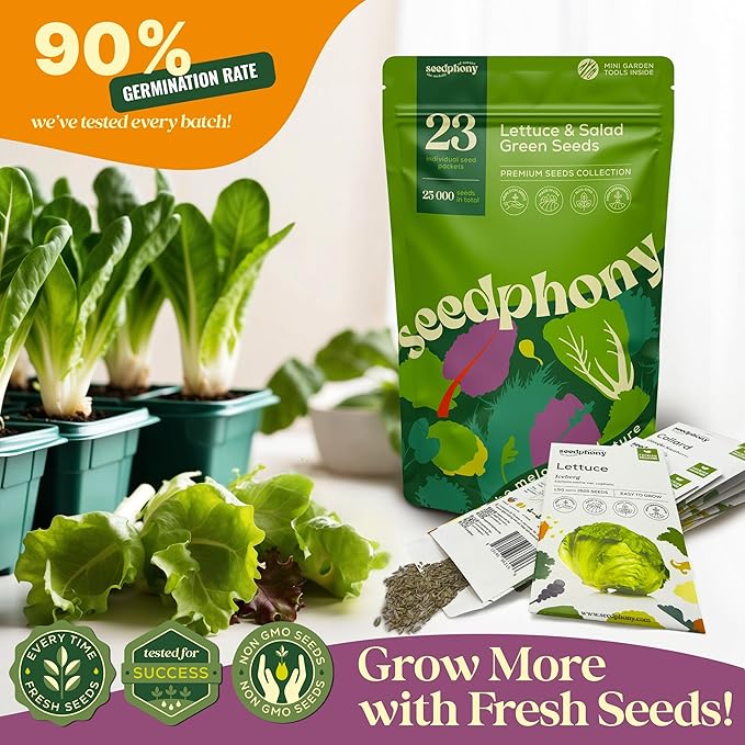 23 Lettuce & Salad Greens Seeds Variety Pack - 25,000+ Non-GMO Heirloom Greens Seeds for Planting Lettuce Indoor & Outdoor: Arugula, Mizuna, Kale, Spinach, Swiss Chard, Mache & More Lettuce Seeds