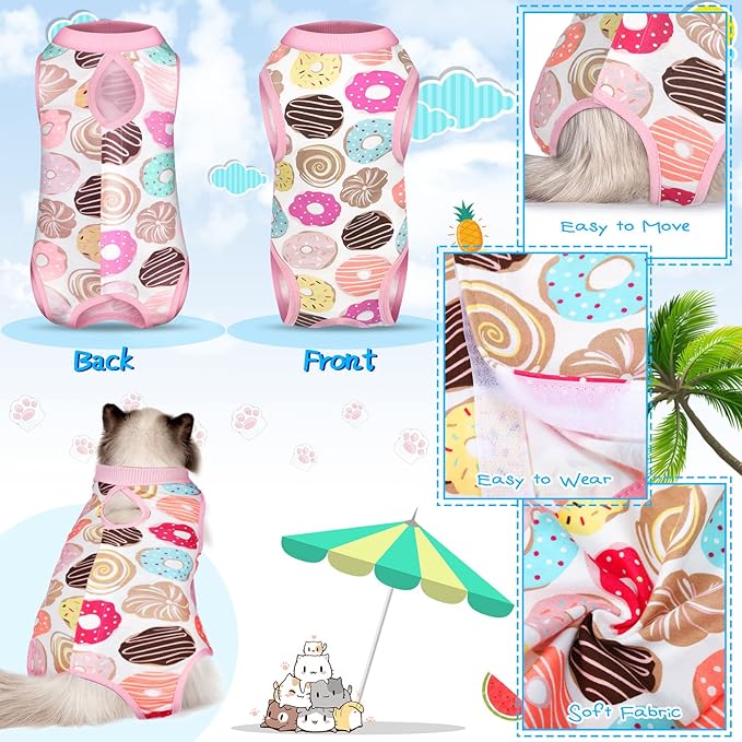 Nuanchu 3 Pieces Cat Recovery Suit Kitten Recovery Suit E-Collar Alternative for Cats and Dogs Abdominal Skin Anti Licking Pajama Clothes Sets(Watermelon Pattern,Small)
