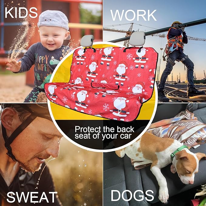 Back Seat Cover for Car Trucks Van SUV,Waterproof Rear Bench Towel Seat Covers for Dogs and Kids,Automotive Backseat Protector (Santa Claus)