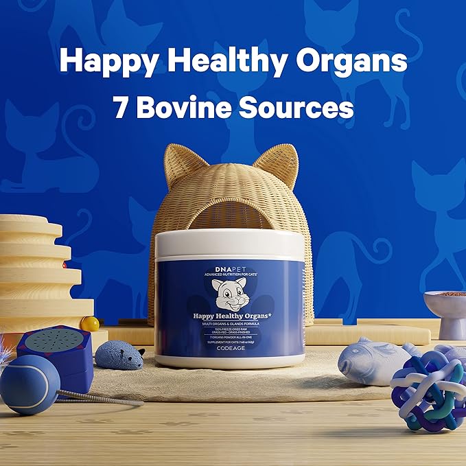 Happy Healthy Organs & Glands Supplement For Cats, Freeze-Dried Raw Bovine Liver Grass-Fed Bone Marrow Heart Kidney Pancreas, Bovine Thymus Iron Multi Organ Powder, Joints Cat Vitamins 1.48 oz