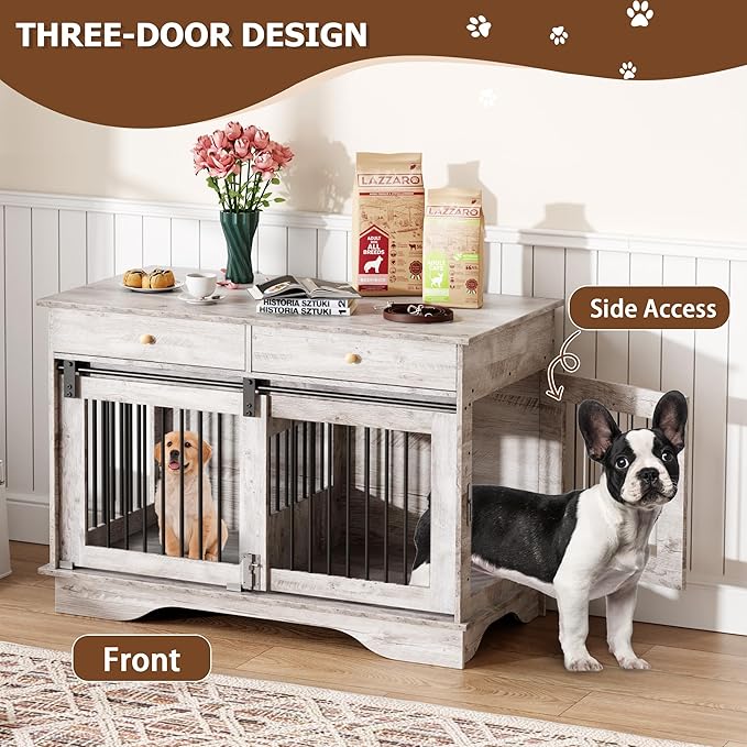 Dog Furniture Crate, 47" Large Dog Crate Furniture w/ 2 Storage Draws & Removable Divider for Large/Medium/Small Dogs (Grey, Double Cage)