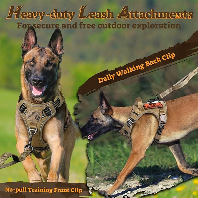 rabbitgoo Dog Harness for Large Dogs No Pull, Tactical Service Pet Vest with Molle and Control Handle, Adjustable and Reflective Military Harness for Easy Walking and Training, Brown, XL