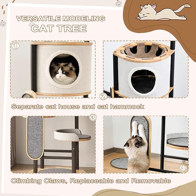 Cat Tree, 66In Cat Tower with Scratching Post, Tall Multi-Level Cat Houses for Indoor Cats Large Adult, Cute Cat Post Cat Condos with Dangling Ball,Plush Platform, Hammock, Big Cats Climbing Tower