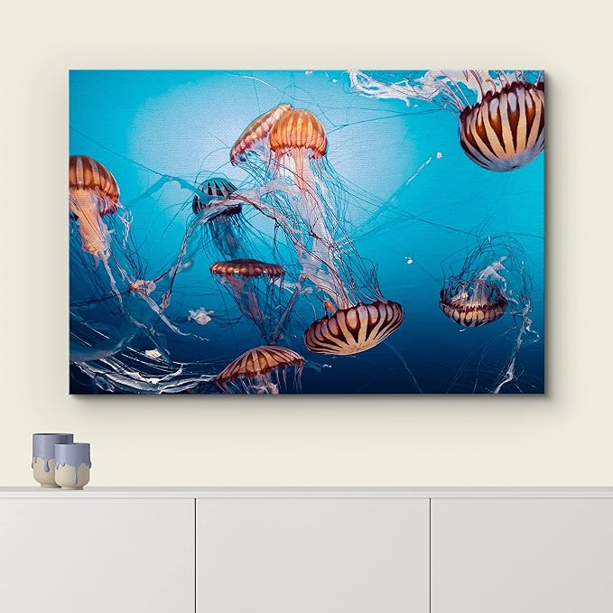 wall26 Canvas Print Wall Art Tiger Stripe Jellyfish Underwater Ocean Sea Nature Animals Photography Realism Rustic Scenic Landscape Wilderness Colorful for Living Room, Bedroom, Office - 24"x36"