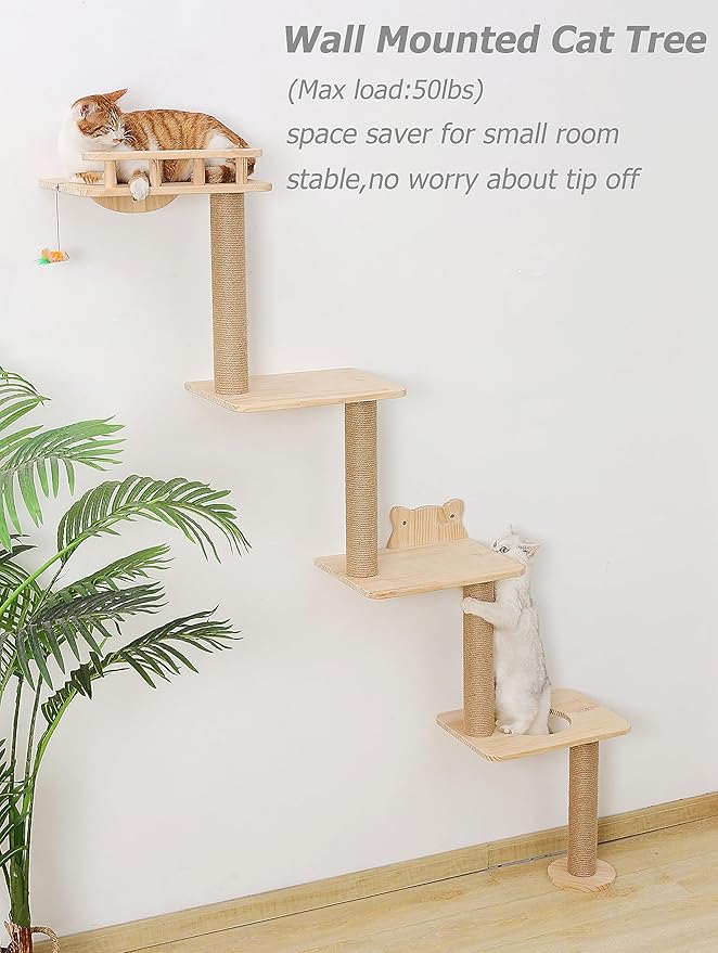Cat Tree Wall Mounted with 4 Levels Shelves, 73" Wood Corner Tower Inside Kitten Scratching Post for Climbing,Perching and Lounging (Right to Left)