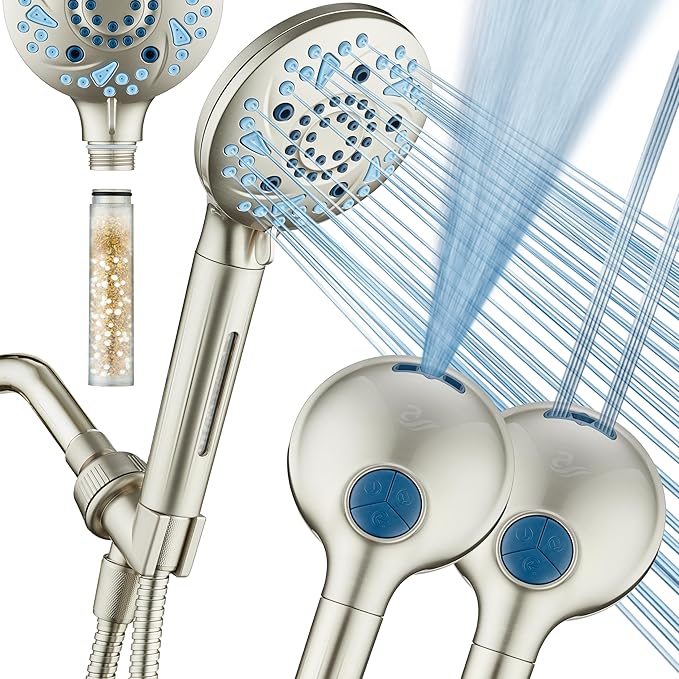 AquaCare High Pressure 10 Spray Mode Filtered Showerhead - Handheld Shower Head Filters Chlorine to Heal Dry Skin, Revive Hair - Dual Power Wash Cleans Tub, Tile, Pets - Hard Water Softener, Nickel