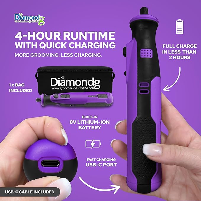 Diamondg Cordless Dog Nail Grinder with Quiet Sound & LED Tip for Large & Small Dogs, 4hrs. Runtime - Electric Dog Nail Trimmer, Heavy Duty Rotary Tool Alternative to Toenail Clippers & Filers