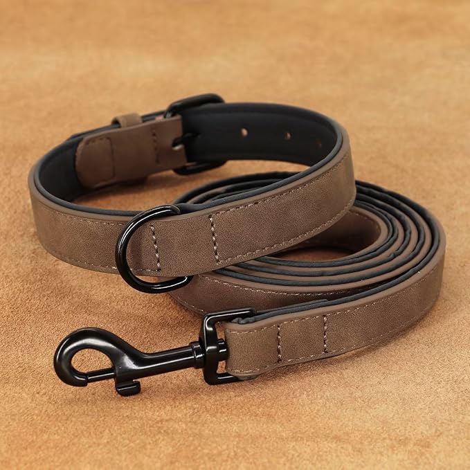 Didog Soft Padded Leather Dog Collar and Leash Set, Adjustable Dog Leash and Collar Set with Metal Buckle, Breathable Dog Collars with 4FT Leather Dog Leash for Small Medium Large Dogs, Brown, L