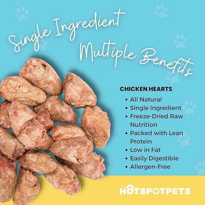 hotspot pets Freeze Dried Chicken Hearts for Cats & Dogs - 1LB Big Bag- Made in USA -Single Ingredient All Natural Grain-Free -Resealable Bag- Perfect for Training, Topper or Snack, Allergen-Free