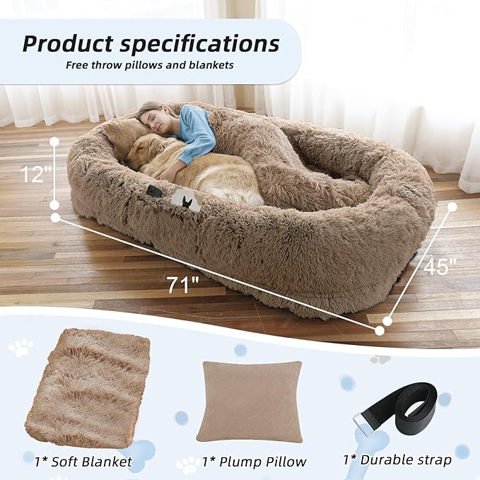 Human Dog Bed, Large Dog Beds for Humans Size Fits You and Pets, Washable Faux Fur Orthopedic Human Pet Bed for People Doze Off, Napping, Present Pillow, Blanket, Strap - Khaki