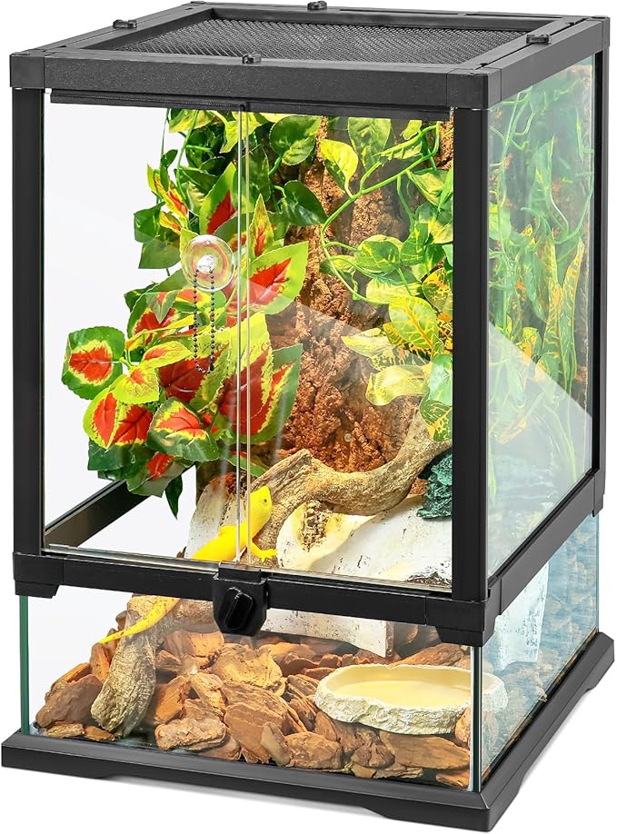 18x12x12 12 Gallon Glass Reptile Tank Front Opening Terrarium Suitable for Leopard Geckos, Snakes Tree Frogs Chameleons Watertight Base, Ventilated Metal Mesh Top, Pre-Drilled Cable Holes