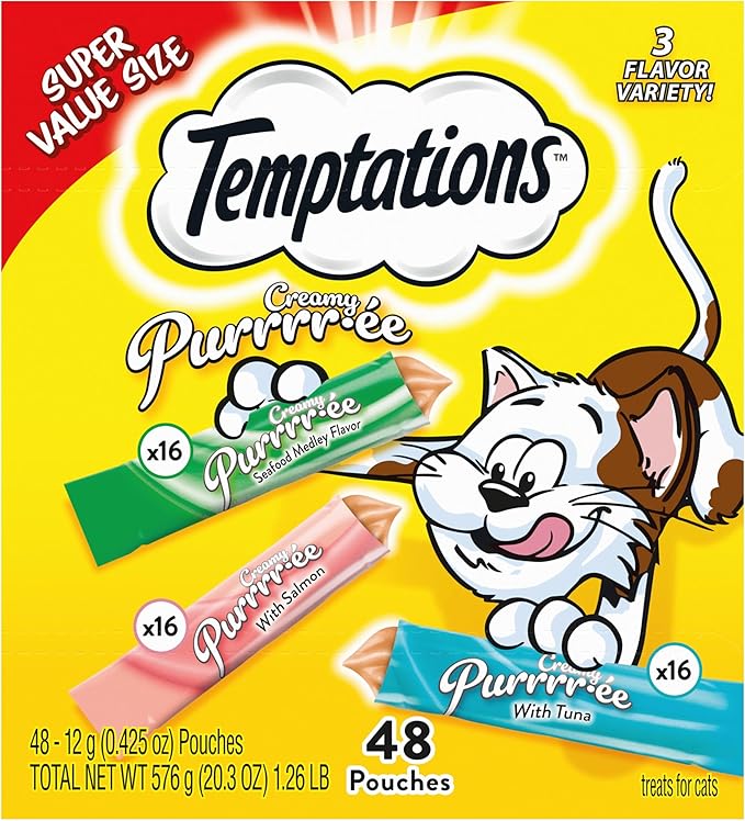 Temptations Creamy Puree Mix-Ups Squeezable Lickable Wet Cat Treats, Tuna Flavor, Salmon Flavor, and Seafood Medley Flavor, 0.42 oz. Tubes, 48 Count