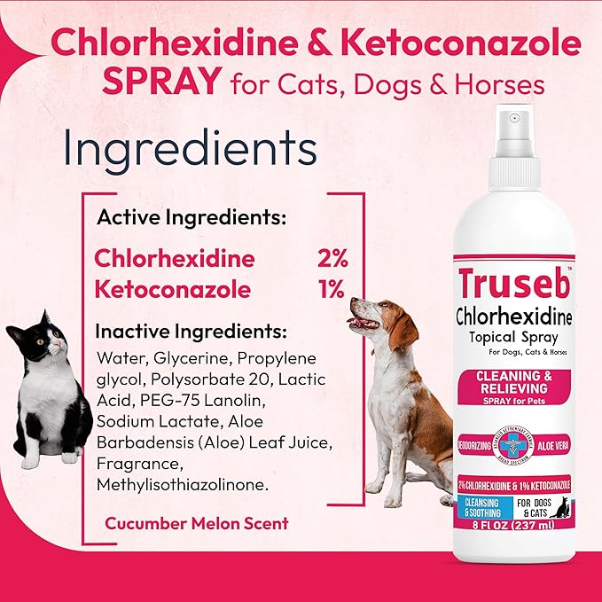 Truseb Topical Ketoconazole and Chlorhexidine Spray for Dogs, Cats, and Horses with Aloe - 8 oz (Ketoconazole & Chlorhexidine Spray, 8 oz)