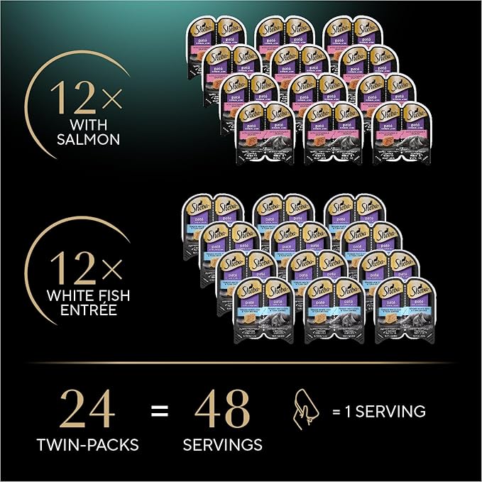 Sheba Perfect Portions Wet Cat Food Pate with Sustainable Salmon and Tender Whitefish & Tuna Entree Variety Pack, 2.6 oz. Twin-Pack Trays (12 Count, 24 Servings) (Pack of 2)