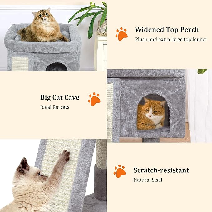 SYANDLVY Small Cat Tree for Indoor Cats, Cat Tower with Scratching Post, Modern Activity House for Large Cats, Condo with Board, Kittens Cave (Light Grey)