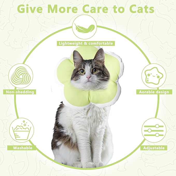 Cat Cone Collar Soft, Waterproof Cats Cones to Stop Licking After Surgery, Adjustable Soft Elizabeth Cats Collars for Wound Healing, Flower Shape Cat Recovery Collar (Green, Small)