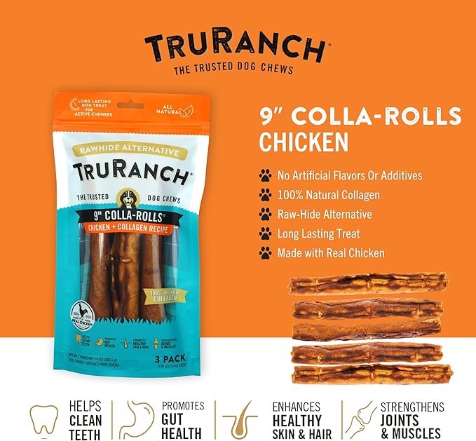 Collagen Rolls - 9" Collagen Rolls for Dogs - Long Lasting Healthy Joint Support - Rawhide Alternative - Skin & Coat Health - Made with Real Chicken, Value Pack, 3 Bags, 9 Count