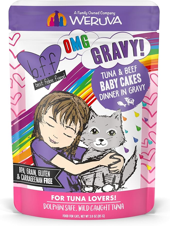 Weruva B.F.OMG - Best Feline Friend Oh My Gravy!, Tuna & Beef Baby Cakes with Tuna & Beef in Gravy Cat Food, 3oz Pouch (Pack of 12), Purple (0152)