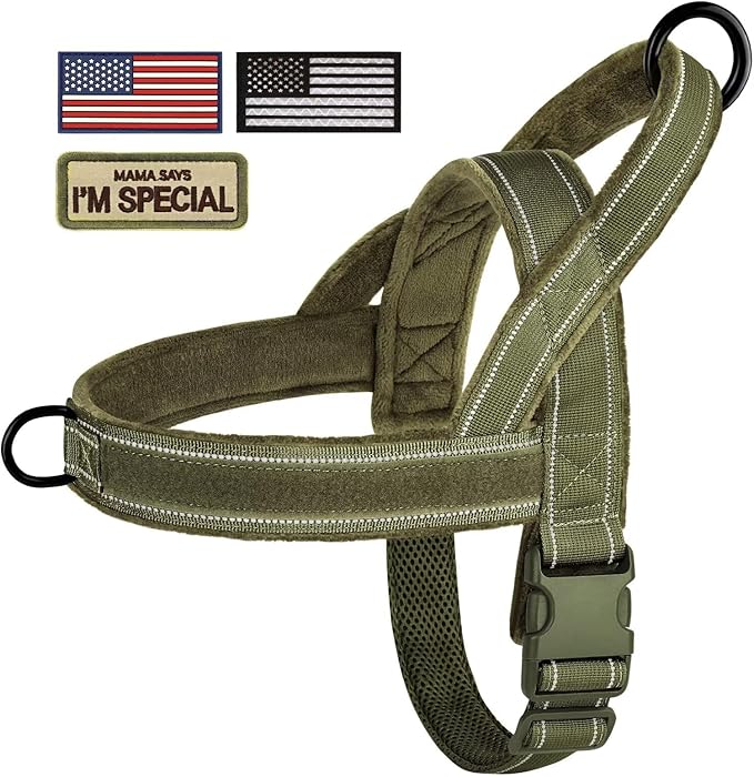 Forestpaw No Pull Dog Harness - Soft Flannel Padded Tactical Dog Vest Harness with Quick Release Buckle, Adjustable Reflective Pet Harness for Medium Large Dogs Walking Training,Green L