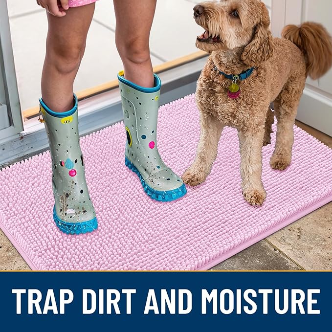 Smiry Dog Door Mat for Muddy Paws 24x16, Absorbs Moisture and Dirt Doormat, Non-Slip Washable Quick Dry Chenille Front Door Mat Indoor Entrance, Entryway Carpet for Inside Floor, Pink