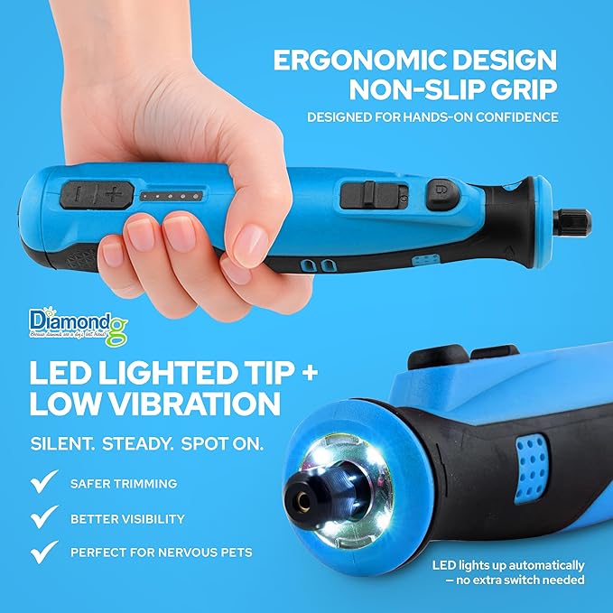 Diamondg Cordless Dog Nail Grinder with Quiet Sound & LED Tip for Large & Small Dogs, 4hrs. Runtime - Electric Dog Nail Trimmer, Heavy Duty Rotary Tool Alternative to Toenail Clippers & Filers