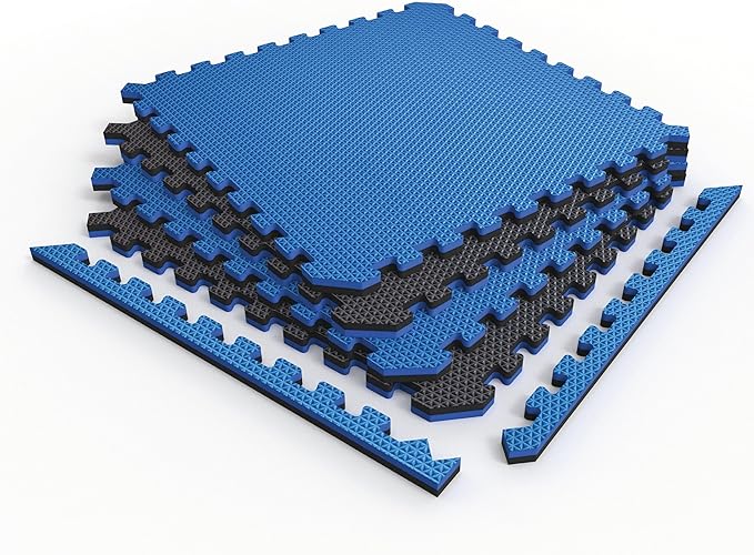 Norsk Reversible Gym Exercise Mats 3/4" Thick EVA Interlocking Foam Tiles, Perfect Home Gym Flooring, 32 Tiles & 64 Trim Pieces, 128 Sq. Ft. Reversible, Dazzling Blue/Black