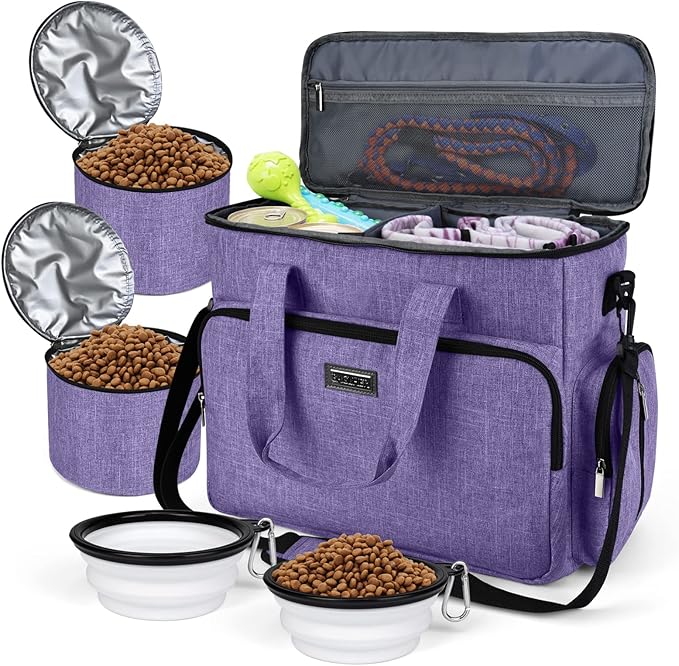 BAGLHER Dog Travel Bag, Airline Approved Pet Tote Organizer with Multi-Function Pockets, 2 X Food Storage Containers and 2 X Collapsible Dog Bowls, Perfect Weekend Pet Travel Set for Dog, Cat Purple
