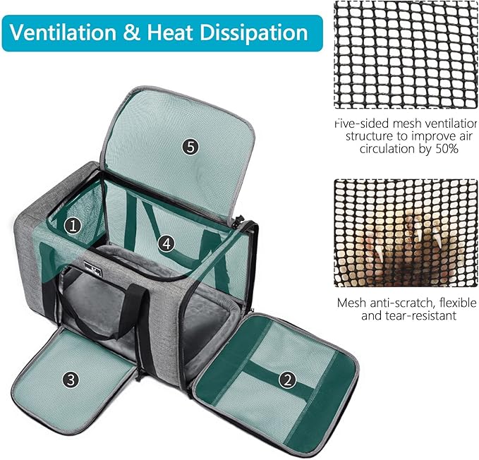 Pet Carrier for Medium Large Cats and Dogs, Dog Carrier Travel Bag with Adequate Ventilation, 5 Mesh Windows, 3 Entrance, Locking Safety Zippers, Padded Shoulder and Carrying Strap, Large