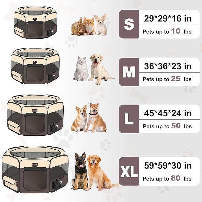 Aivituvin Dog Playpen, Foldable Pet Play Pens with Carrying Bag for Cat, Puppies, Rabbits, Portable Dog Tent Crates Cage for Travel Camping Indoor Outdoor, Removable Shade Cover, Brown M