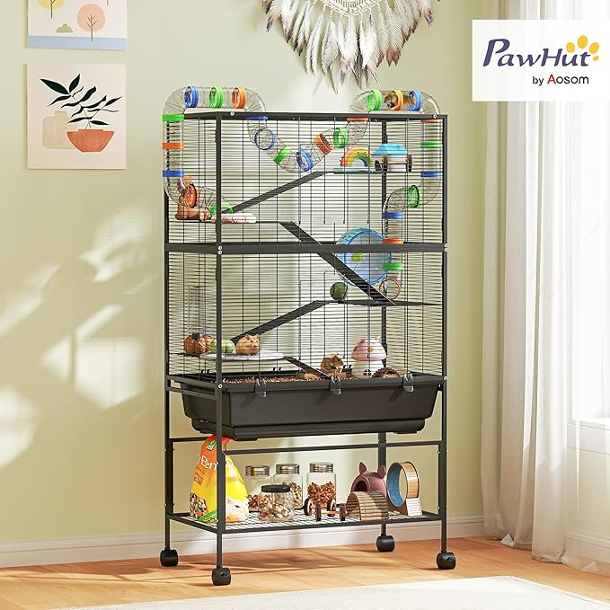PawHut Hamster Cage with Deep Tray, 5 Tier Rolling Rat Cage with Storage Shelf, Big Exercise Wheel, Tube System, Hut, Platforms, Ramps, Food Dish, Water Bottle, for Syrian, Gerbil, Mouse
