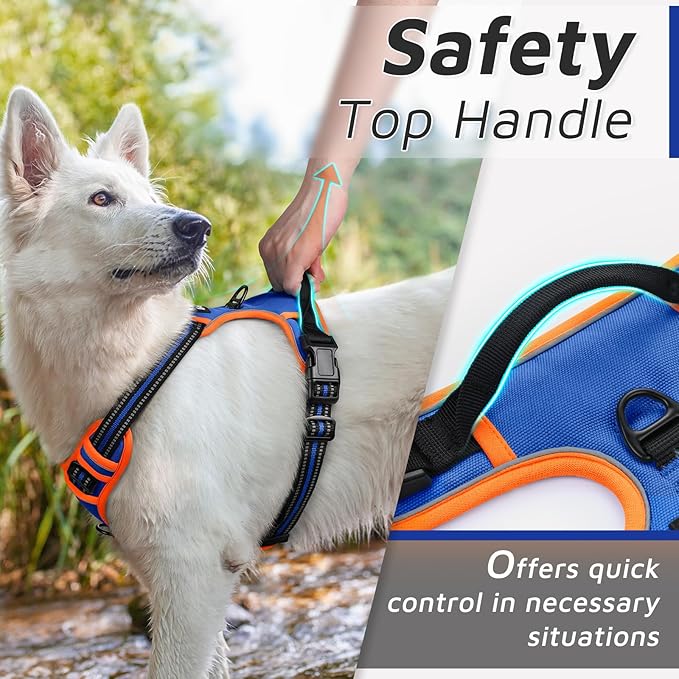 Eagloo Dog Harness for Large Dogs, No Pull Service Vest with Reflective Strips and Control Handle, Adjustable and Comfortable for Walking, No Choke Harness with 2 Metal Rings, Blue & Orange, M