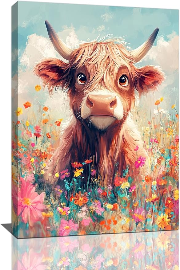 Highland Cow Wall Art Canvas Flower Cattle Wall Decor Prints Framed Painting Animal Pictures Gifts Artwork for Bathroom Living Dining Kitchen 16"x24"
