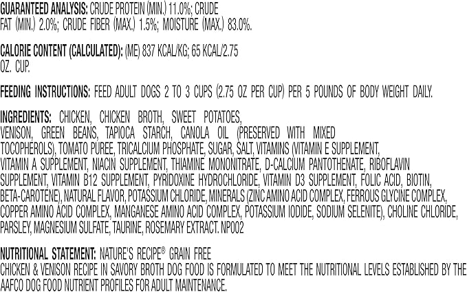 Nature’s Recipe Grain Free Wet Dog Food, Chicken & Venison Recipe, 2.75 Ounce Cup (Pack of 12)