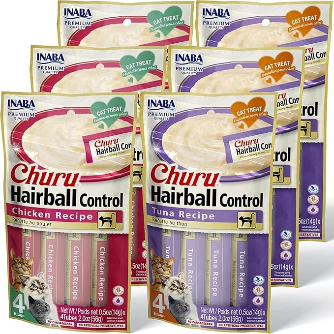 INABA Churu for Cats, Functional, Creamy Lickable Purée Cat Treat for Hairball Control, 0.5 Ounces Each, 24 Tubes (4 per Pack), 2 Flavor Tuna and Chicken Variety Pack