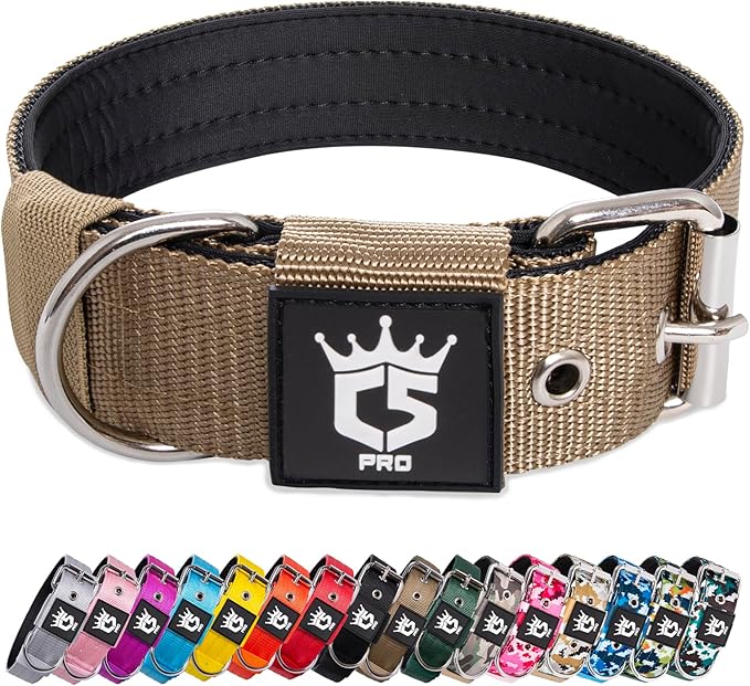 TSPRO Tactical Dog Collar 1.5 Inch Wide Thick Dog Collars with Heavy Duty Metal Buckle, Durable, Strong, Adjustable for Medium to Large Dogs (Khaki M)