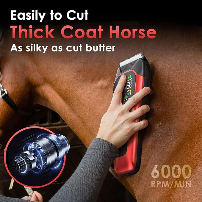 Horse Clippers,Quiet 2-Speed Horse Grooming Clippers,Rechargeable Pet Shaver for Matted Long Hair,Cordless Wide-Blade Powerful Horse Trimmer Kit for Thick Coat #066 Red