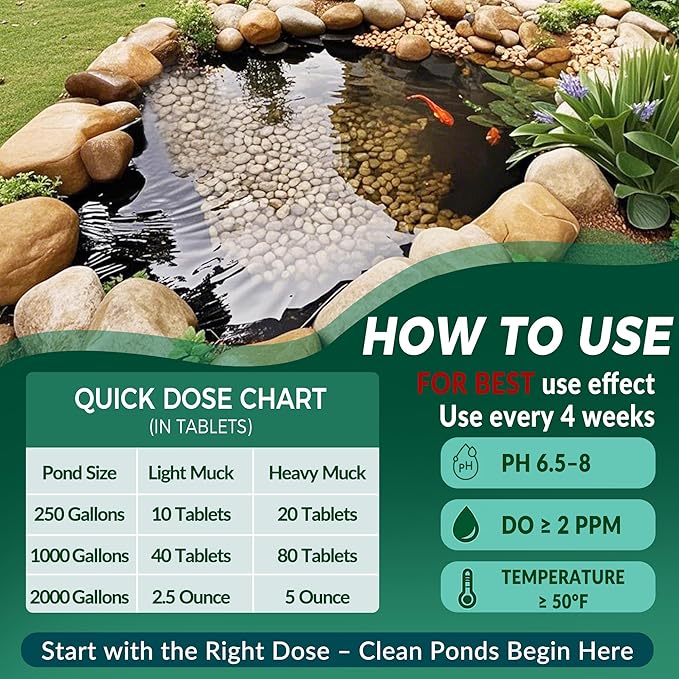 Muck Clear – Natural Pond Sludge Treatment, 500 Tablets for Ponds, Fountains & Bird Baths, Beneficial Bacteria & Enzymes, Chemical-Free & Safe for Fish, Pets & Wildlife