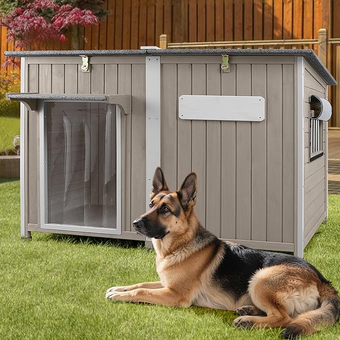 Large Dog House Outdoor XL Wooden Dog House with Weatherproof Asphalt Roof, Chew-Resistant Frame, Removable Floor, for Medium to Large Dogs Indoor Outdoor Use (Grey, 55.1"L x 33.1"W x 34.8"H)