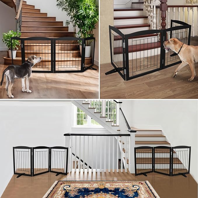 ZJSF Freestanding Dog Fence Indoor, Foldable Dog Gate for Doorways, Stairs or Hallways, Sturdy Wood Extra Wide Pet Gate with Support Feet for The House, Black, 24 "Height-6 Panels